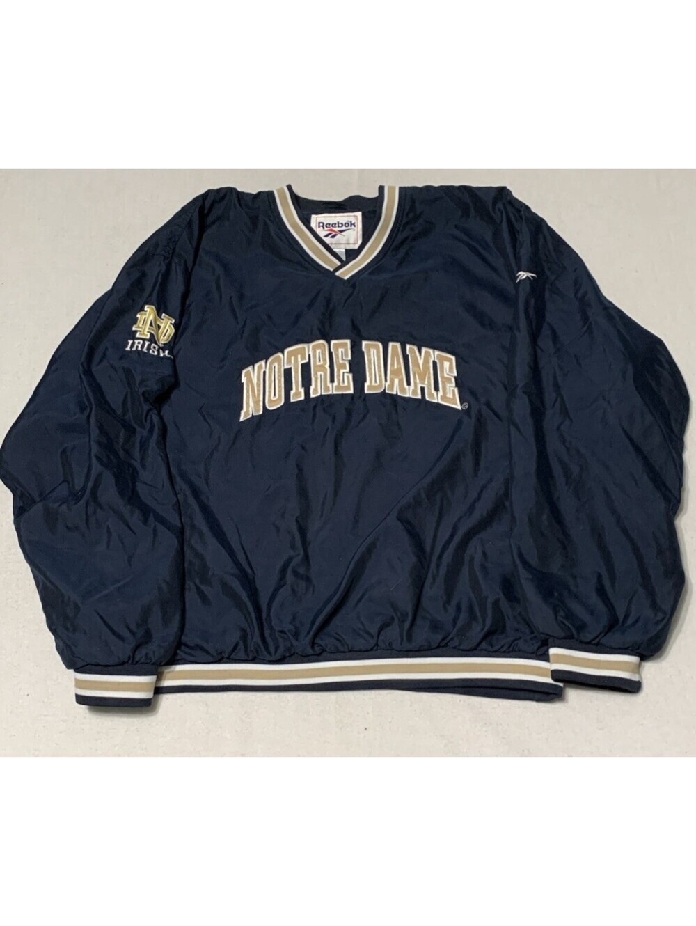 Reebok NotreDame Windbreaker Pullover Men XL Navy Embroidery V-Neck Football C11